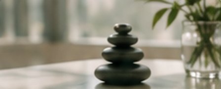 Balanced stones beside a green plant