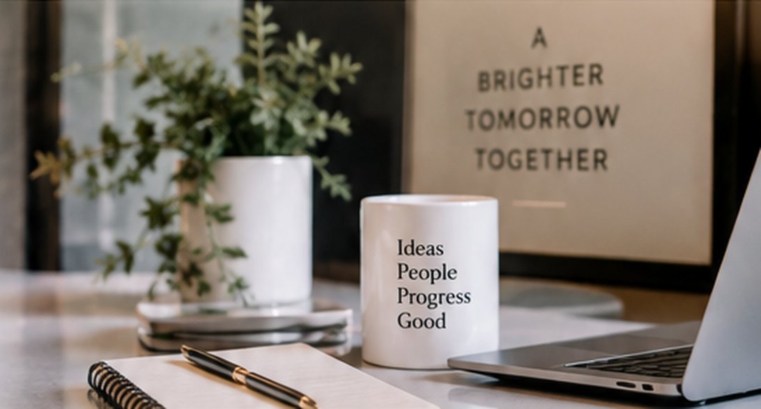 A desk with a notebook, pen, plant, and a mug reading Ideas, People, Progress, Good beside a sign that says A Brighter Tomorrow Together